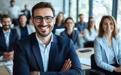 Confident businessman smiling in a modern office environment, surrounded by colleagues, highlighting teamwork and professionalism.