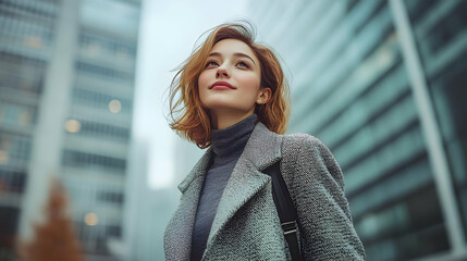 Poster - A young woman in a stylish coat gazes upward in an urban setting.