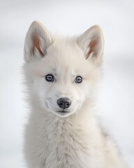 Mystic portrait of baby Arctic Wolf, copy space on right side, Headshot, Close-up View, isolated on white background