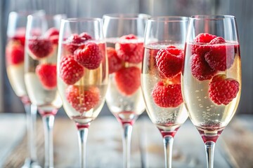 Refreshing effervescent raspberry champagne in clear flutes