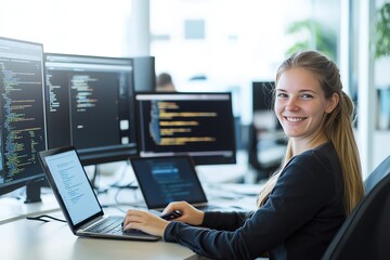 Young professional woman coding at multiple computer screens in modern office environment, smiling confidently at her workspace.