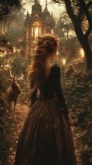Wall Mural - Woman in an elegant dress stands on a forest path, gazing at an enchanting castle, with a deer nearby