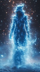 Wall Mural - Glowing, ethereal figure stands amidst a swirling blue and white light, creating a magical and mysterious atmosphere with sparks