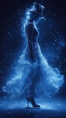 Wall Mural - Woman in a sparkling dress and top hat stands elegantly, surrounded by a mystical atmosphere of glowing lights