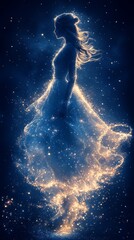 Wall Mural - Ethereal figure with flowing hair, surrounded by glowing particles, appears to dissolve into the starry, cosmic background