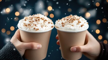 Two hands hold warm coffee cups topped with whipped cream and crumbs against a blurred background of bokeh lights showing a cozy winter atmosphere and festive mood enhanced by soft snowflakes