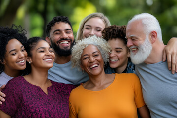 A diverse group of friends standing together outdoors, smiling and enjoying each other's company.The joy of connection and unity in friendship,set against a backdrop of greenery.Diversity people unity