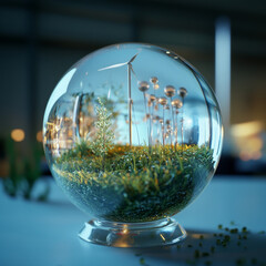 A crystal globe shows a clean energy future powered by hydrogen (H2).  This eco-friendly energy helps protect the environment, reduces greenhouse gases, and leads to a world with zero emissions.