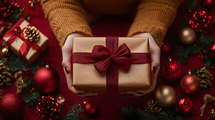 Canvas Print - A person holding a beautifully wrapped gift amidst festive decorations.