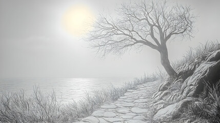 Poster - A serene landscape with a barren tree by a misty waterway.