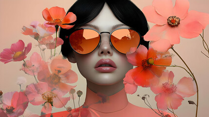 Sticker - A stylish woman with sunglasses surrounded by vibrant flowers.