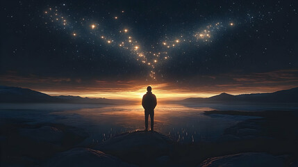 Canvas Print - A silhouette gazes at a starry sky over a tranquil landscape.