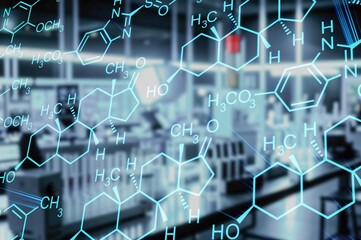 Image of chemical scientific formulas in laboratory.