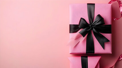 Sticker - A beautifully wrapped pink gift with a black ribbon on a pink background.