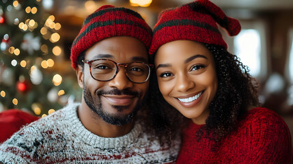 Canvas Print - A cheerful couple in festive attire, smiling by a Christmas tree.