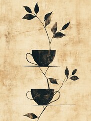Poster - A stylized representation of tea cups intertwined with flowing leaves, creating a tranquil and elegant composition. Generative AI
