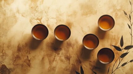 Poster - A serene arrangement features cups of tea and delicate lines representing tea leaves, set against a softly textured background. Generative AI