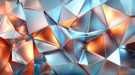 Fototapete - An intricate arrangement of geometric shapes displays a captivating interplay of silver, blue, and orange colors, creating a striking visual effect with reflective surfaces.
