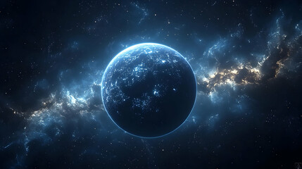 Wall Mural - A glowing blue planet surrounded by cosmic space and stars.