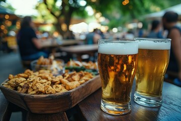 Wall Mural - two glasses of beer sitting next to a tray of food