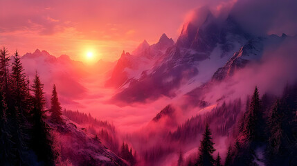 Poster - A breathtaking sunset over misty mountains and evergreen forests.