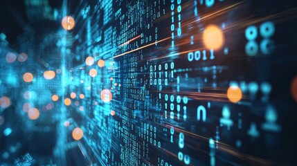 Abstract data network with binary code and bokeh lights