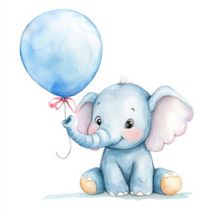 A cartoon baby elephant with a large balloon tied to its trunk, sitting joyfully on an isolated background. Watercolor hand-drawn illustration, a cute elephant toy perfect for kids decor and playful