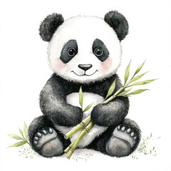 Wall Mural - A cute watercolor illustration of a playful panda bear sitting and holding bamboo. The hand-drawn panda is depicted in soft black and white tones, set against a clean white background, perfect for