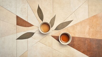 Poster - Two tea cups are surrounded by harmonious lines representing tea leaves, blending smoky and warm earthy colors in a calm composition. Generative AI