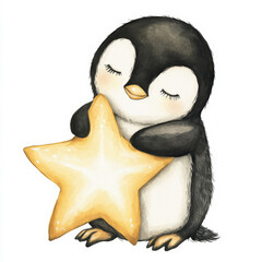 Wall Mural - A little penguin embracing a bright star, sitting on an isolated white background. Watercolor hand-drawn illustration, perfect for children's room designs and playful posters.