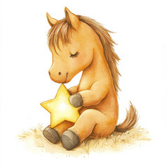 Wall Mural - A playful baby horse holding a glowing star, sitting on an isolated white background. Watercolor hand-drawn illustration, ideal for a whimsical children's art poster, creating a magical atmosphere.