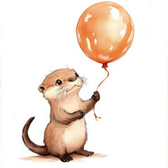 Wall Mural - A playful baby otter holding a shiny balloon, sitting on an isolated background. Watercolor hand-drawn illustration of a cute otter toy, ideal for children books and fun designs.