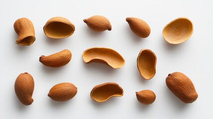 Top view of whole and cracked tamarind pods, showcasing textured brown shells and shiny seeds, arranged in a natural pattern on a clean white background