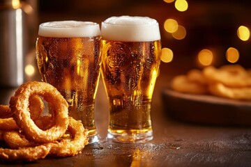 Wall Mural - two glasses of beer and some pretzels on a table