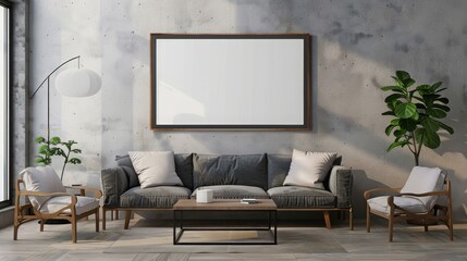 A living room with a gray couch, a large framed print on the wall, and two matching armchairs.