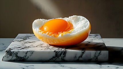 Canvas Print - A beautifully lit egg yolk resting on a marble surface.