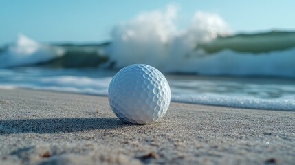 A golf ball and tee isolated on a sandy beach, with ocean waves crashing in the background, blending sports with natural, beachside vibes