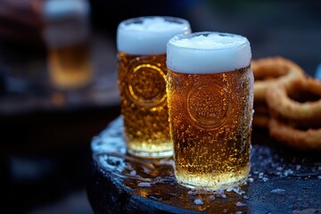 Wall Mural - two glasses of beer and a pretzel on a table