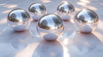 Aufkleber - Five shiny metallic spheres are positioned on a smooth marble surface, reflecting surrounding trees and light, creating an elegant visual effect in daylight.