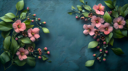 Poster - Floral arrangement with pink flowers and green leaves on a textured background.