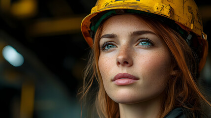 Canvas Print - A woman with a hard hat gazes thoughtfully, showcasing determination.