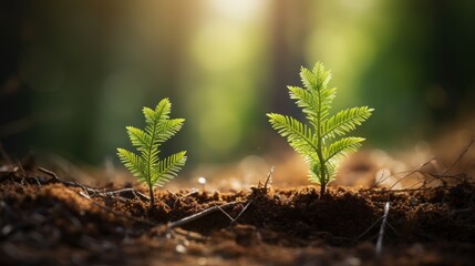 Two small pine trees growing in a forest