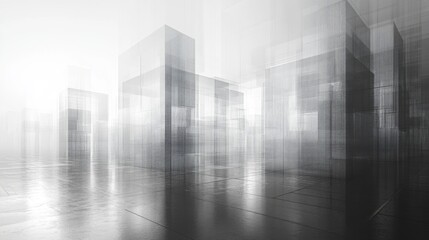 Fototapete - A surreal urban environment showcases translucent buildings merging with fog, creating an ethereal atmosphere that invites exploration and imagination.