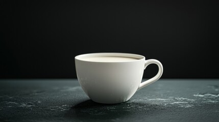 Minimalist white coffee cup on dark textured surface