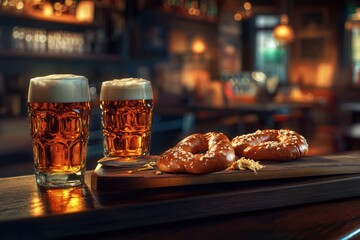 Wall Mural - a couple of glasses of beer sitting on top of a table