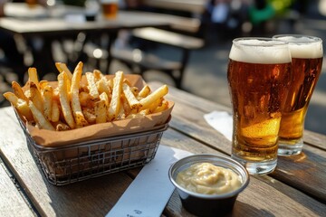 Canvas Print - a basket of fries and a glass of beer on a table