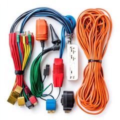 Electrical parts and cable on white.