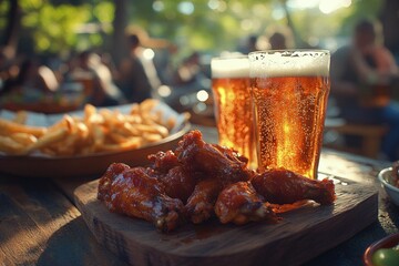 Wall Mural - a plate of food and a glass of beer on a table