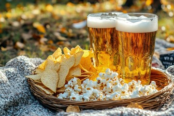 Canvas Print - two mugs of beer and some chips on a blanket