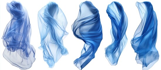 Sticker - Five blue fabric pieces flowing in the wind, isolated on a white background.